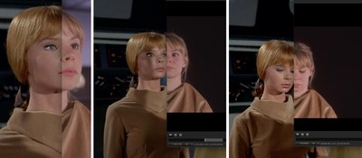Early split screen tests for Yeoman J.M. Colt: Gene Roddenberry created the character of USS Enterprise crew member Yeoman J.M. Colt in April 1964 and cast actress Laurel Goodwin in the role for the first Star Trek pilot later that year. Left: Laurel Goodwin (Nov. 1964) | Right: Mahé Thaissa (Feb. 2022)
