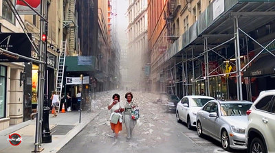 Augmented reality app reveals two women helping each other through the dust-covered streets of Lower Manhattan in the aftermath of the World Trade Center collapse. (PRNewsfoto/ReplayAR)