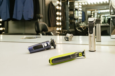 (from left to right) Philips Norelco Shaver S9000 Prestige, Philips Norelco OneBlade 360, Philips Norelco All-in-One Trimmer 9000