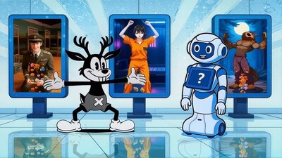 A frame from Pexote Jack: Ohio! featuring the 1930s-style cartoon jackalope Jack alongside digital avatars in a futuristic AI environment.