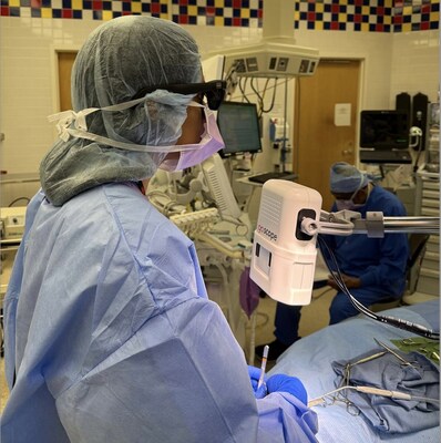 Kavitha L. Ranganathan, MD, using GoScope™ for heads-up digital 3D microscopy in the OR at Shriners Children’s Boston.